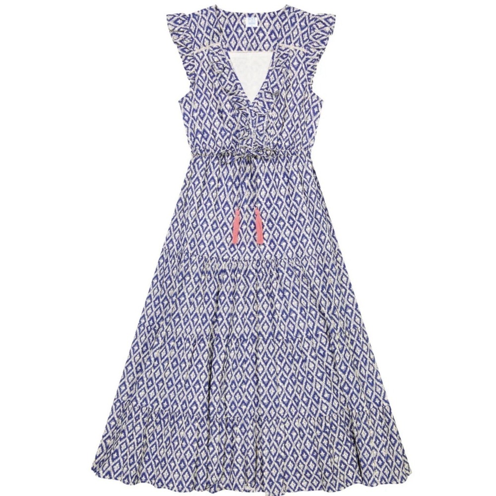 Mer St Barth Giselle Women's Maxi Dress Navy Ikat Sundress Size Small Tassels